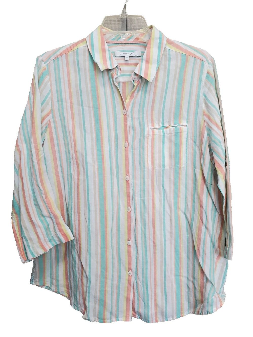 Foxcroft Tencel Lyocell/Linen Blend Multicolor Stripe Roll-Tab Button-Up Top 16